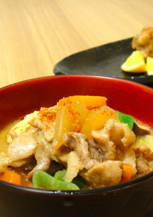 A picture of Tonjiru : A miso based pork soup filled with vegetables.