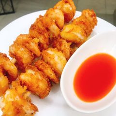 A picture of Fried shrimps in bread crumbs and chilli sauce #Abuja.
