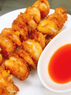 A picture of Fried shrimps in bread crumbs and chilli sauce #Abuja.