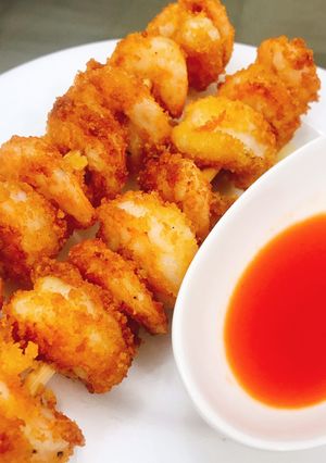A picture of Fried shrimps in bread crumbs and chilli sauce #Abuja.