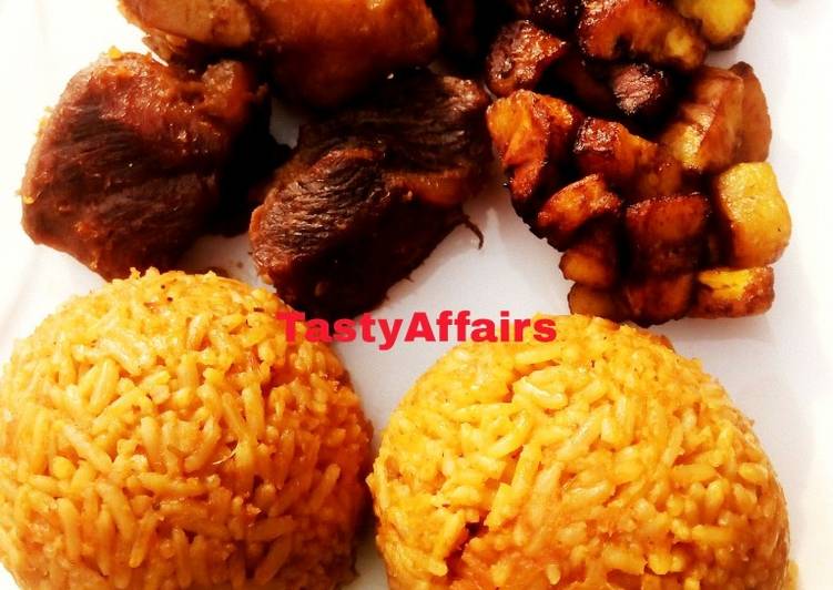 Recipe: Perfect Jollof Rice/plantain served with Ram meat