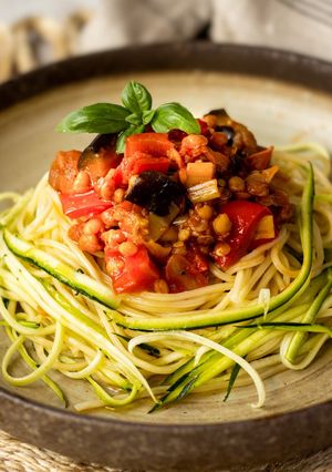 A picture of Aubergine and Lentil Ragu.