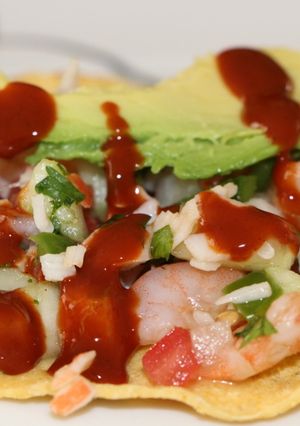 A picture of Shrimp and Lobster Ceviche Tostadas.