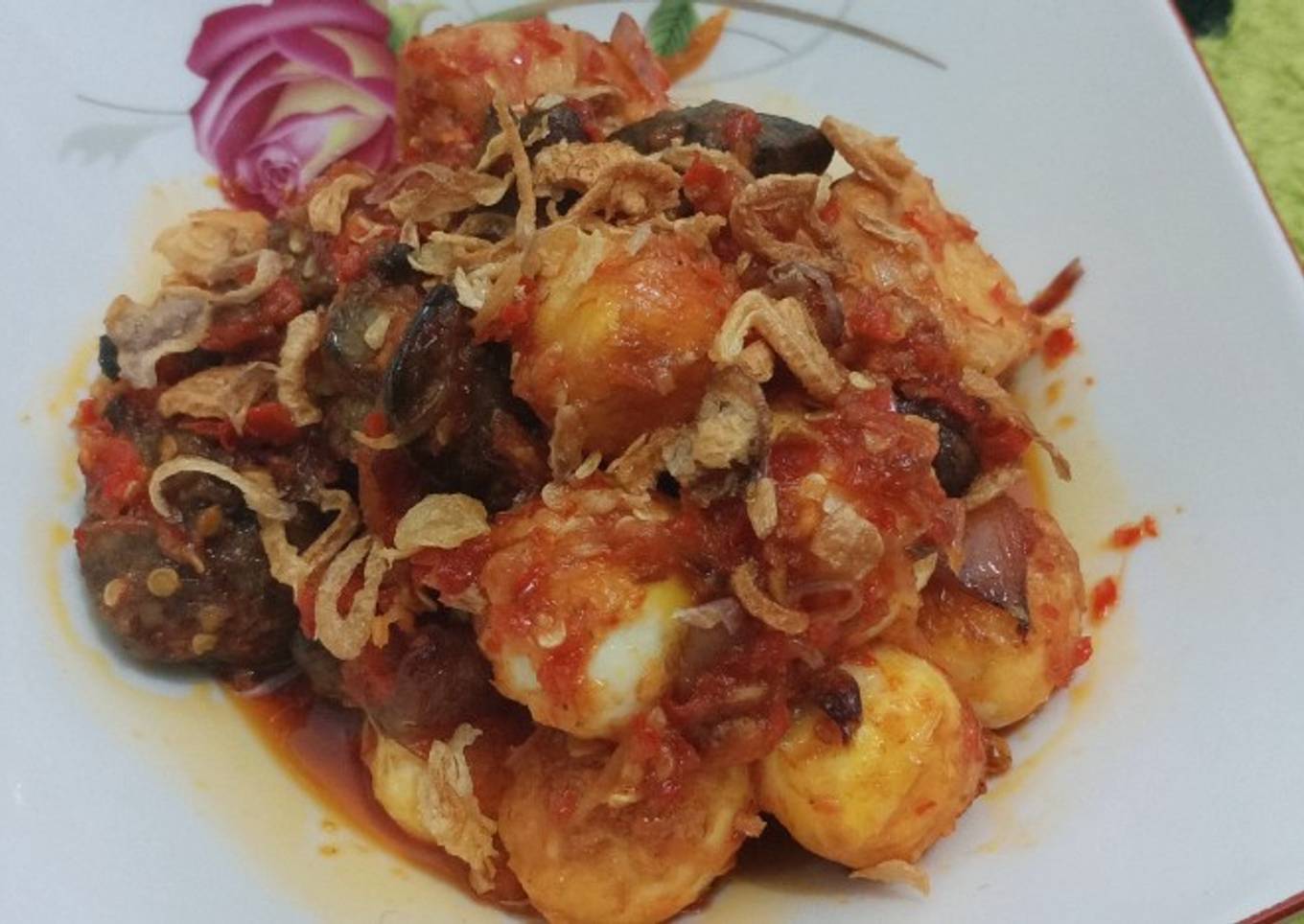 Balado telur puyuh ati ampela dan tahu / telur puyuh balado