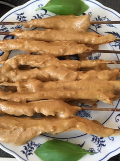 A picture of California Farm Seitan Mock Pork Sateh In Peanut Sauce.