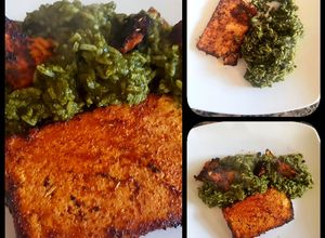 Una foto de Arroz verde con tofu, sano y sabroso. #delantaldorado