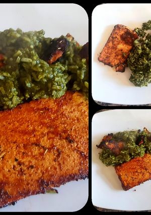 Una foto de Arroz verde con tofu, sano y sabroso. #delantaldorado