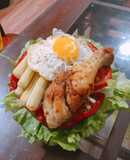 Bữa sáng 1 người - Đùi gà chiên bơ, trứng ốp la, bắp non luộc