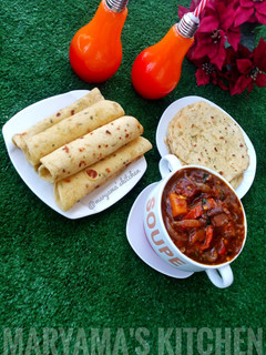 A picture of Lefse with chicken vegetable soup.