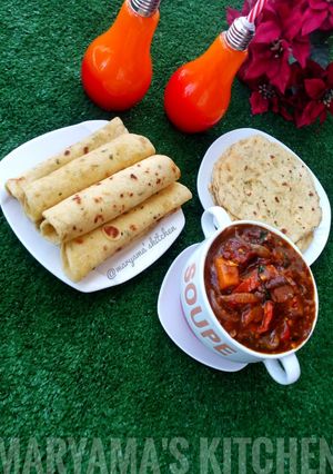 A picture of Lefse with chicken vegetable soup.