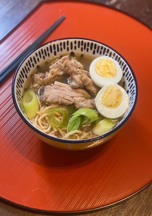 A picture of Duck broth chicken ramen for quick lunch.