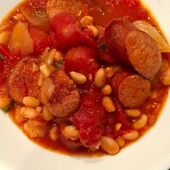 A picture of Andouille Sausage with White Beans in Tomato Sauce.