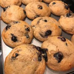 A picture of Blueberry muffins with Greek yogurt and honey.