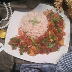 A picture of Sweet And Sour Beef Chilli Dry With Garlic Rice.