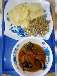 A picture of Fry yam with egg sauce and fish pp soup.