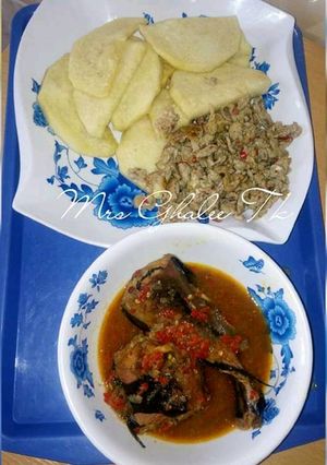 A picture of Fry yam with egg sauce and fish pp soup.