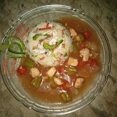 A picture of Chinese Rice with Chicken Jalfrezi.