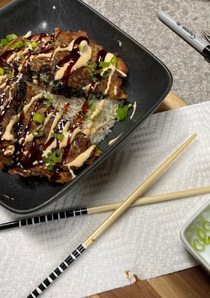 A picture of Red Cabbage Okonomiyaki Fritter.