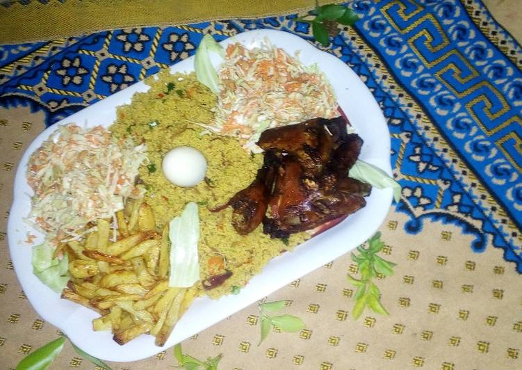 Fried cous cous,chicken with coleslaw and chips