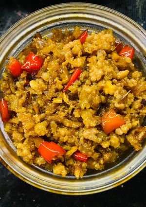 Hình của món Thịt heo bằm chưng mắm tôm sả riềng ớt.