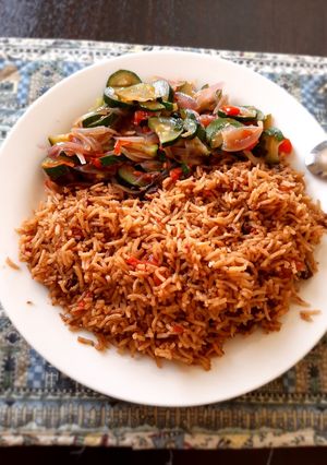 A picture of Zuchinni veges with beef pilau.
