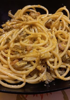A picture of Artichoke Carbonara Pasta.