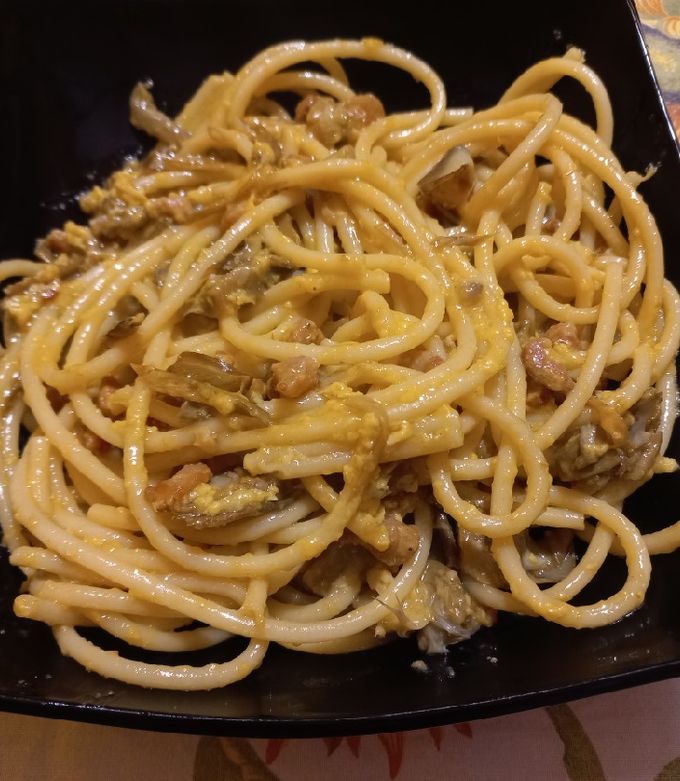 A picture of Artichoke Carbonara Pasta.