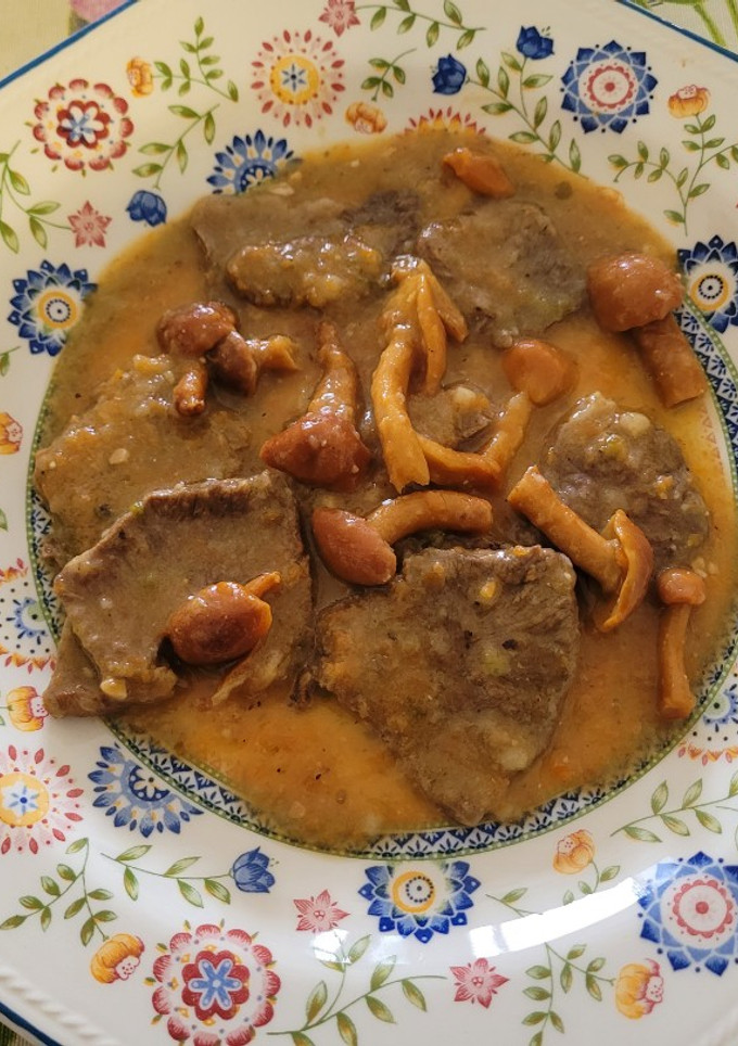 Una foto de Fricandó de ternera con variado de setas. Plato de la cocina Catalana