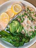 Lemon salmon with rice and tenderstem broccoli