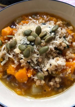 A picture of Roast squash and sage soup - vegan.
