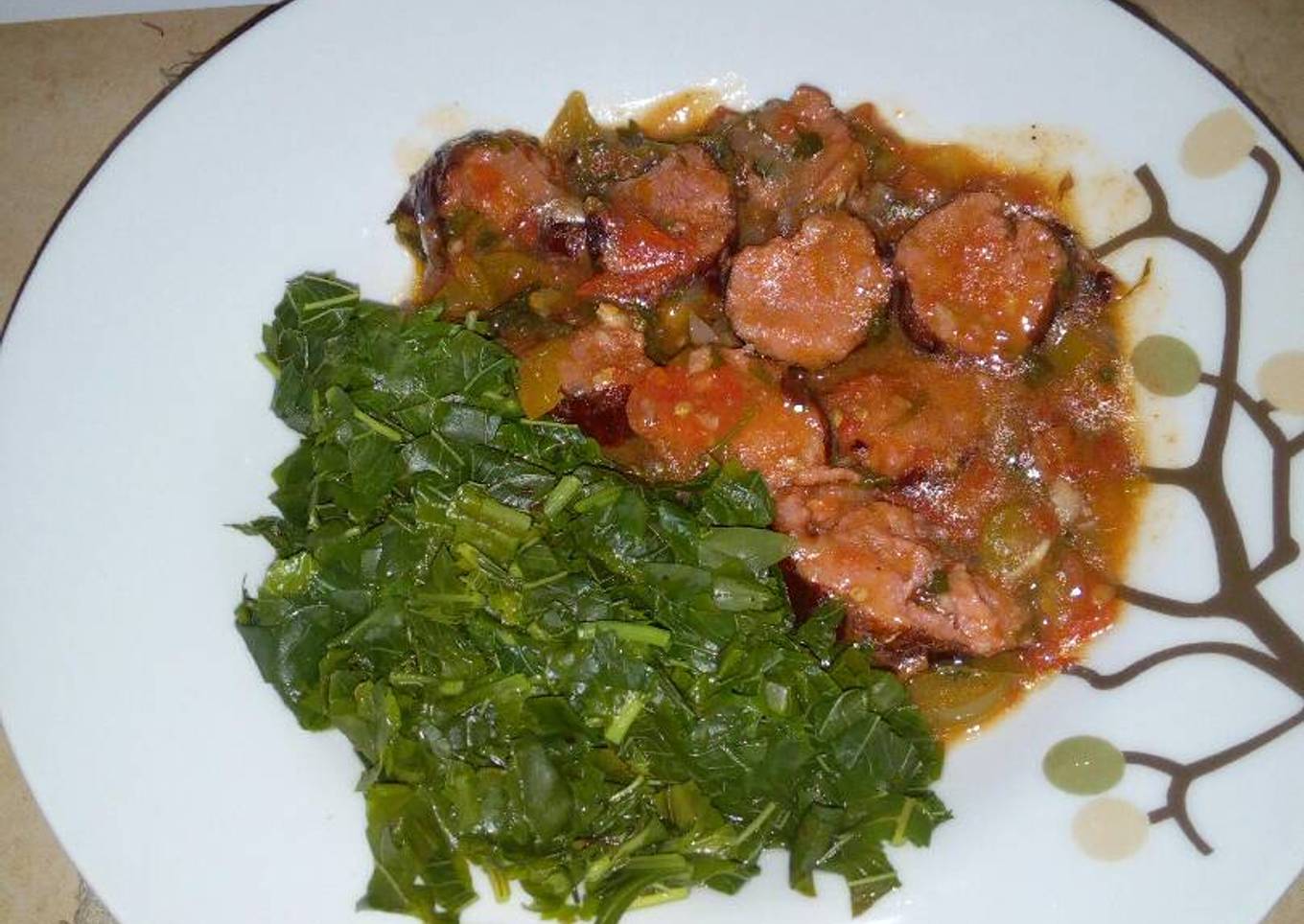 Sausage stew with boiled mchicha....