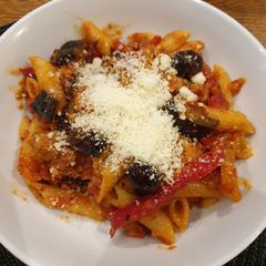 A picture of Sicilian-style penne caponata.