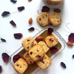 A picture of Helthy Oats cookies with a twist of rose and rosted almond.