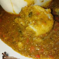 Rice swallow with dry okro soup A picture of Rice swallow with dry okro soup.