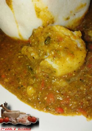 A picture of Rice swallow with dry okro soup.