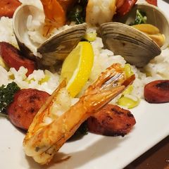 A picture of Portuguese Jag with Shrimp, Clams and Linguica.