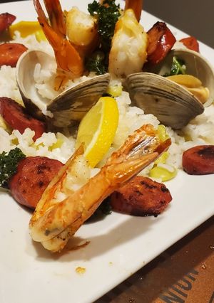 A picture of Portuguese Jag with Shrimp, Clams and Linguica.