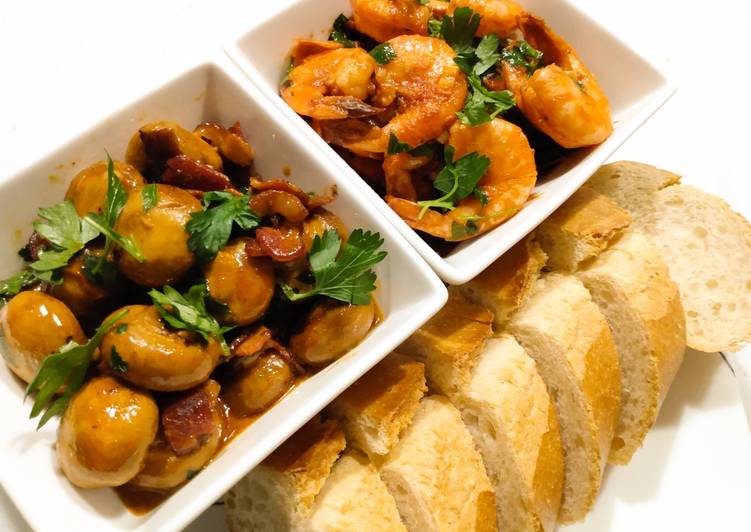 Tapas x 2: garlic and ham mushrooms & spicy prawns Tapas x 2: garlic and ham mushrooms & spicy prawns