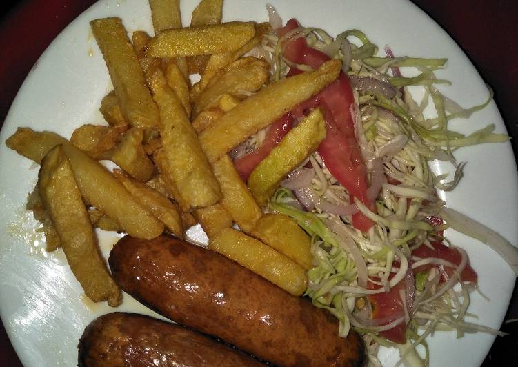 Recipe of Any-night-of-the-week Sausage with few chips and salad