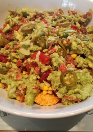 A picture of Loaded vegan nachos.