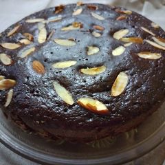 A picture of Eggless almond chocolate cake.