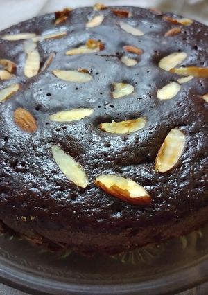 A picture of Eggless almond chocolate cake.