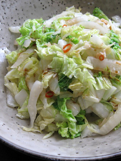 A picture of Sir-fried Wombok with Olive Oil, Garlic & Chilli.