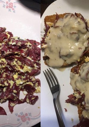 A picture of Eggs with dried beef.