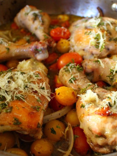 A picture of Easy One Pan Italian Dressing Roast Chicken + Fresh Tomato Sauce.