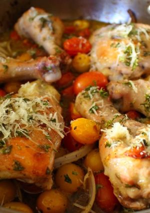 A picture of Easy One Pan Italian Dressing Roast Chicken + Fresh Tomato Sauce.