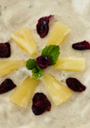A picture of Pineapple, cranberry and cashew raita.