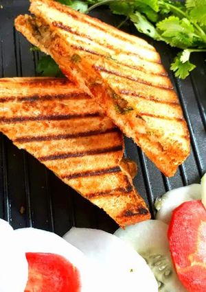 A picture of Pan Grilled potato mint chutney sandwich.