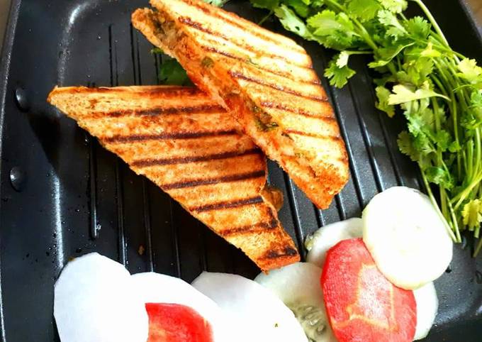 Pan Grilled potato mint chutney sandwich