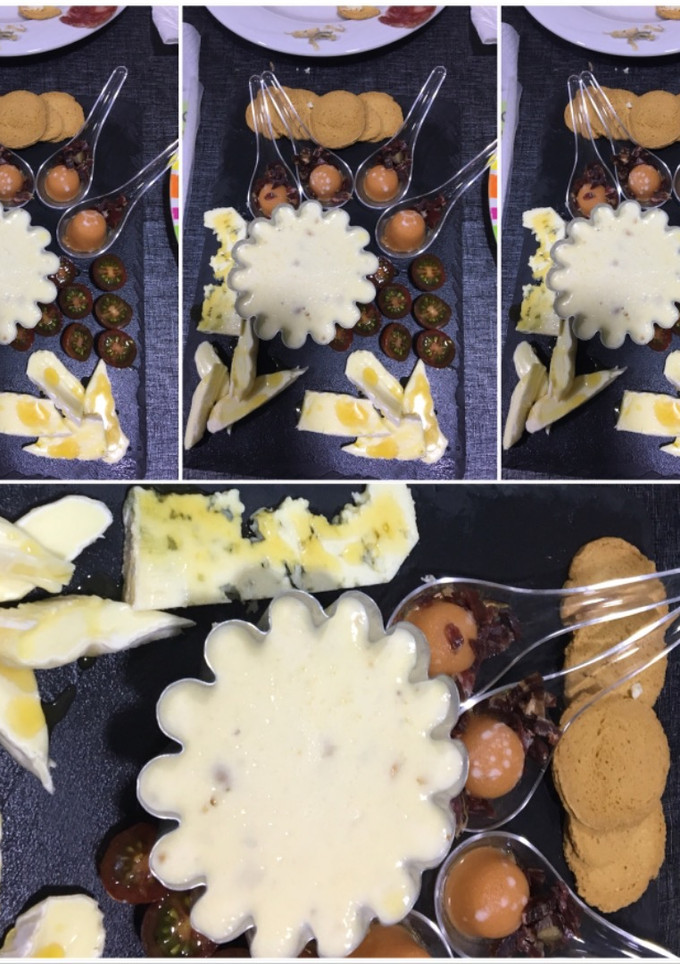 Una foto de Flan de quesos🧀 con thermomix y aperitivo de gazpacho con jamón de jabugo🐖